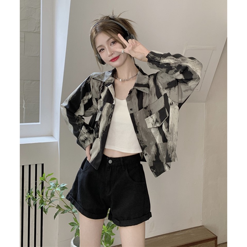 Áo Sơ Mi Ngắn Tay Dài Nhuộm Màu Xám Thiết Kế Mới Phong Cách retro Mỹ Dành Cho Nữ