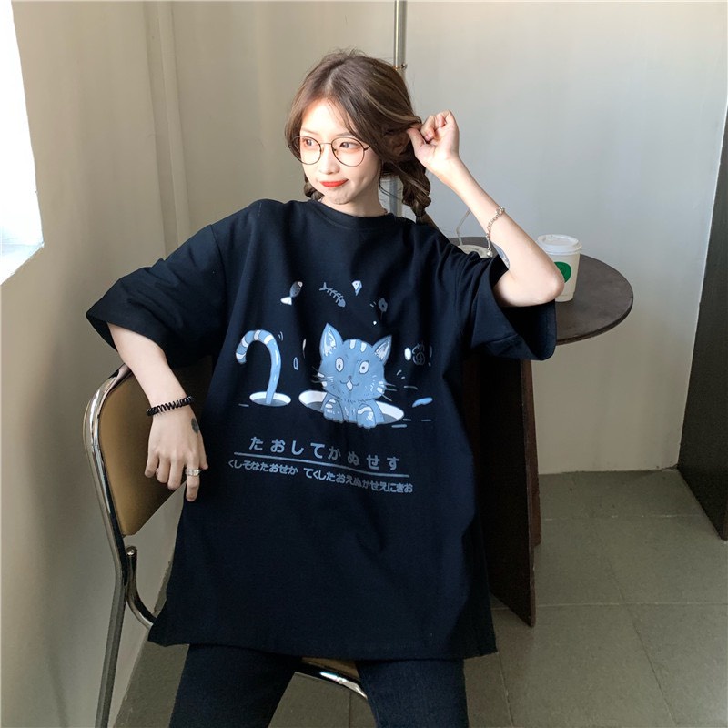 Áo thun tay lỡ dáng rộng unisex dưới 65kg - Áo phông tay lỡ form rộng in hình mèo chữ Nhật cute 3 màu trắng, đen, tím