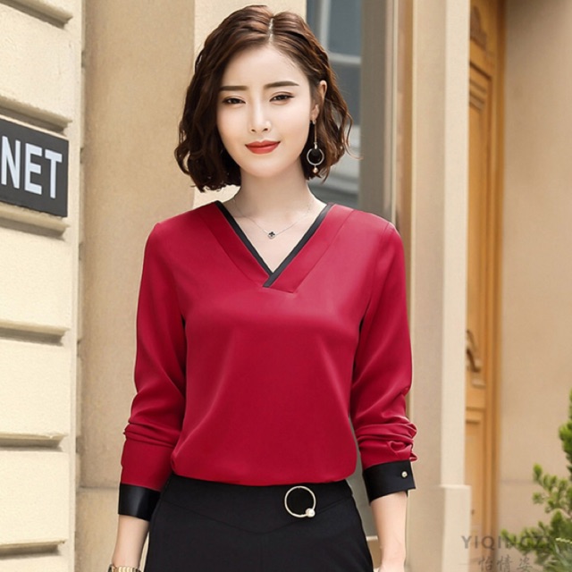 Áo sơ mi nữ kiểu cổ viền màu bao xinh màu đỏ, trắng size M L