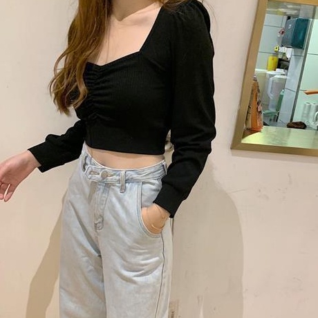 Áo CROPTOP TAY DÀI NHÚN NGỰC CỔ RỘNG BO TAY - A3BOT