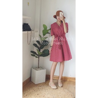 Đầm caro đỏ cúc bọc