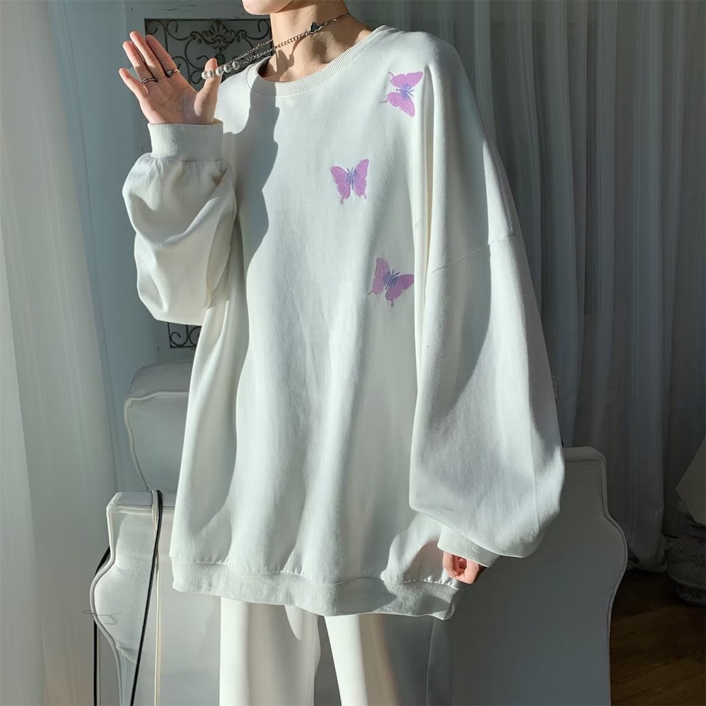 Áo Sweater Dáng Rộng Cổ Tròn Tay Dài In Hình Bướm Thời Trang Mùa Thu Cho Nam Và Nữ
