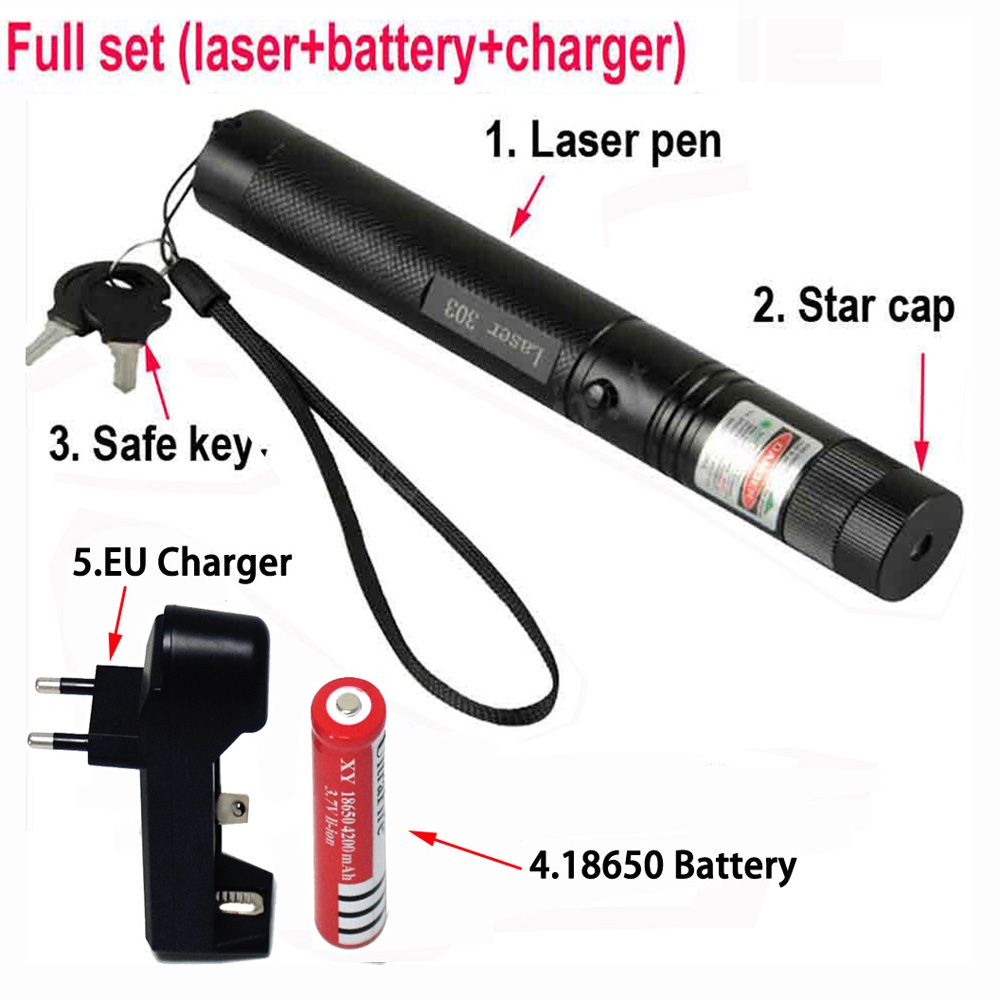 (Mới) Đèn Pin Laser 303 Tia Xanh - Full Box- Có Sạc Đầy Đủ Phụ Kiện- Kèm Chìa Khóa Bút Laser - Đèn La De