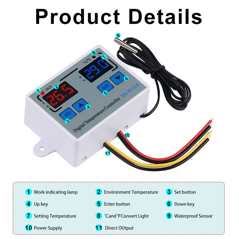 W1010 Bộ điều chỉnh nhiệt độ kỹ thuật số độ C Fahrenheit Bộ điều khiển nhiệt độ cho máy ấp trứng Đèn LED chuyển tiếp 10A Máy làm nóng Máy làm mát Đầu ra Trực tiếp