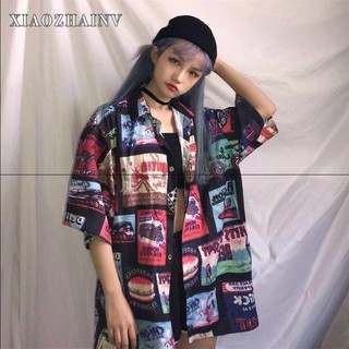 Áo sơ mi dáng rộng hoạ tiết in phong cách vintage Xiaozhainv