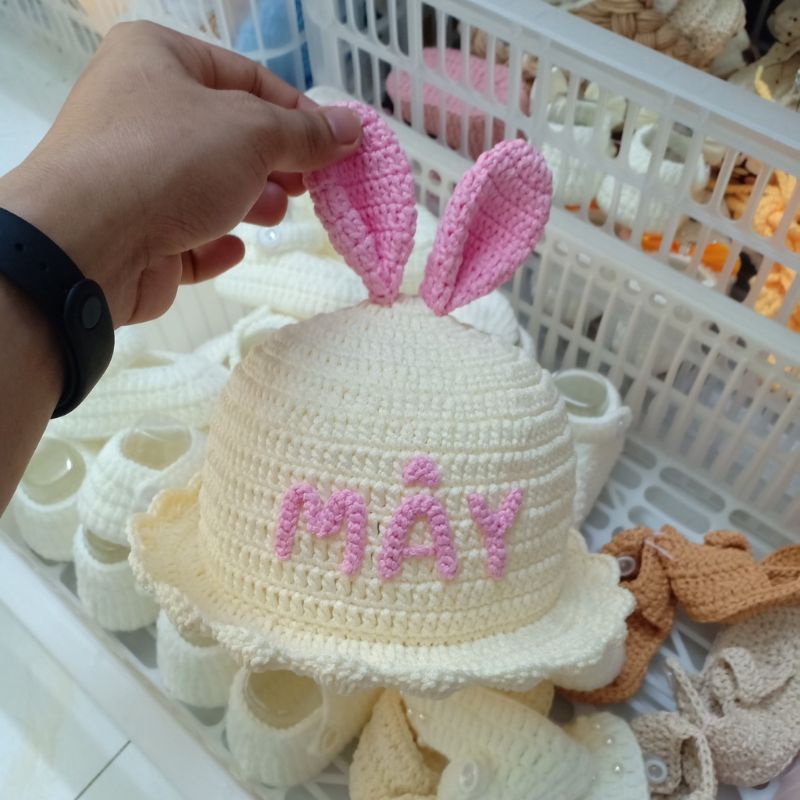 Mũ len tai thỏ kèm tên cho bé từ sơ sinh