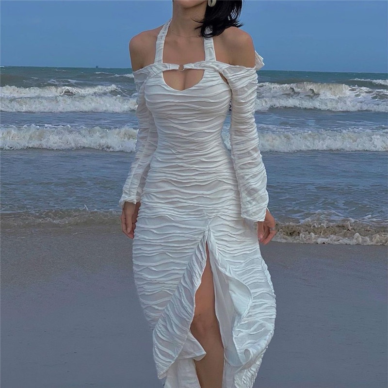 Đầm trắng cổ yếm dài tay phối xếp ly thời trang thường ngày cho nữ C318 | BigBuy360 - bigbuy360.vn