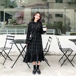 Đầm maxi tay dài họa tiết caro thắt nơ xinh xắn