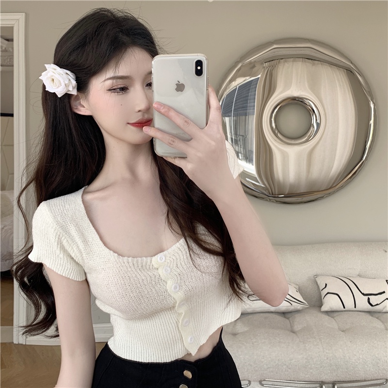 Áo Croptop cardigan Dệt Kim Tay Ngắn Cổ Vuông Màu Sắc Đơn Giản Phong Cách Hàn Quốc