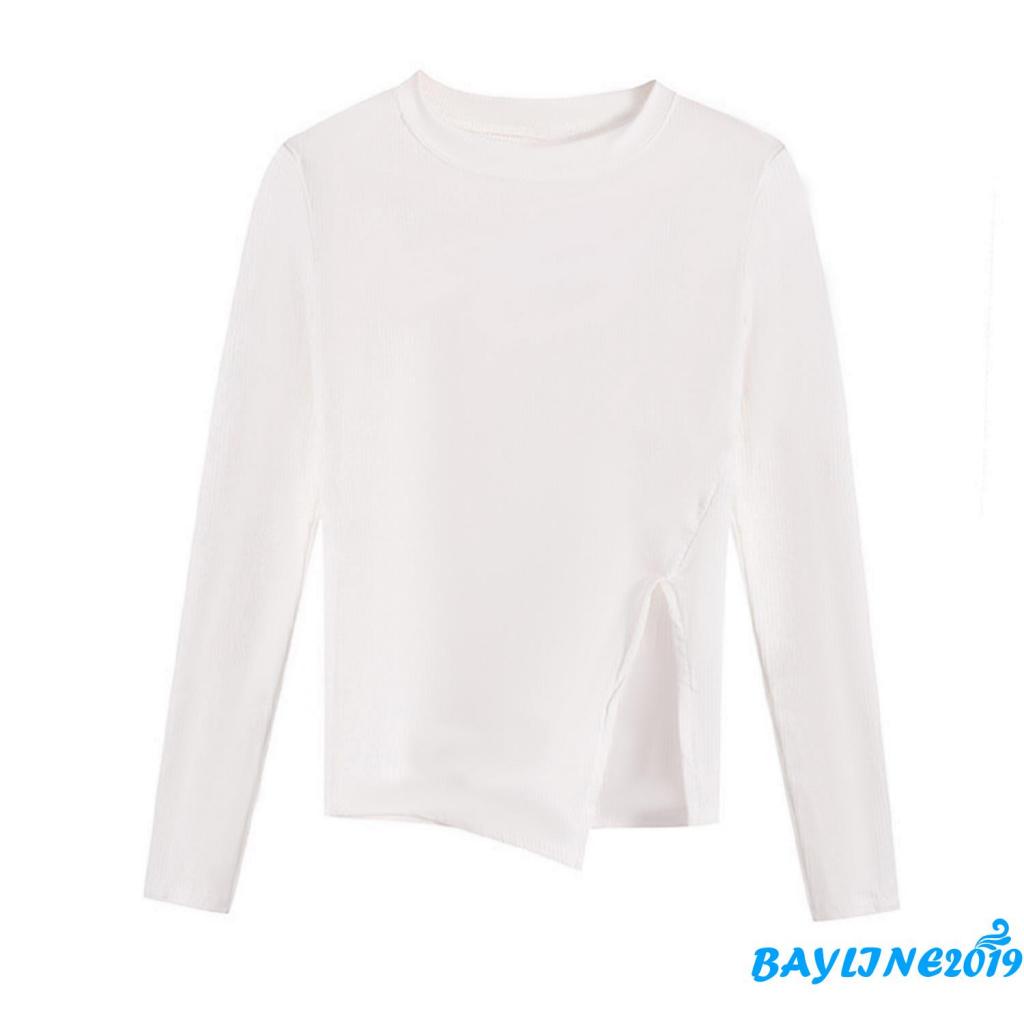 Áo thun tay dài cổ tròn màu sắc đơn giản dành cho nữ
