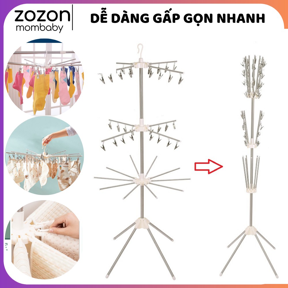 Cây treo quần áo inox, giàn phơi thông minh, móc quần áo cho bé và trẻ sơ sinh 3 tầng 56 kẹp móc gấp gọn Zozon