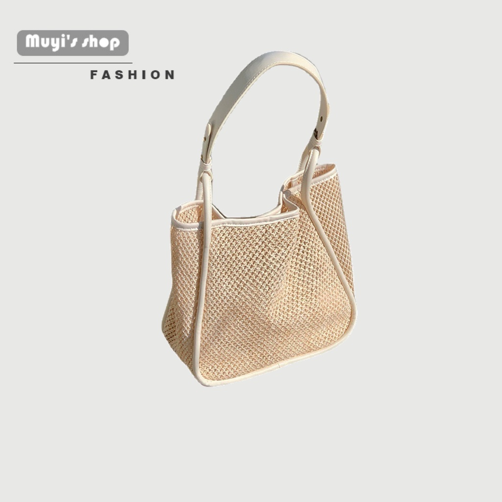 Túi Đeo Vai Đan Rơm Kích Thước Lớn Màu Sắc Tương Phản Thời Trang Mùa Hè Cho Nữ