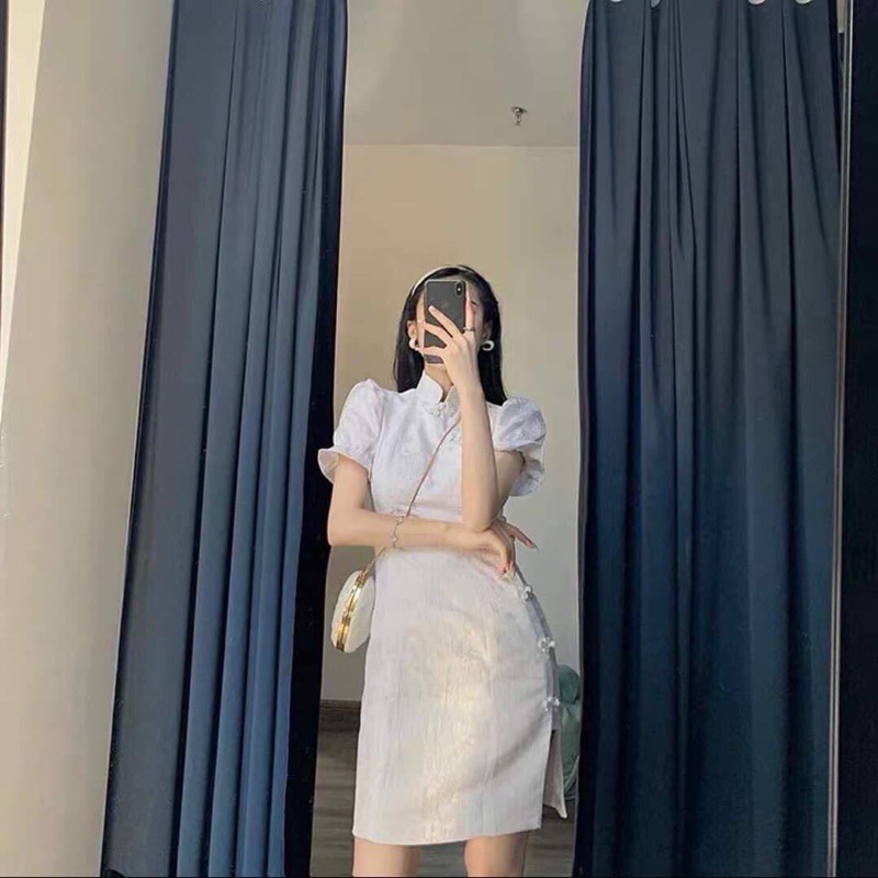 [Hàng Cao Cấp] Đầm gấm trắng cổ Trung Hoa cách tân tay phồng mặc tết , đi tiệc , chụp ảnh sang đẹp