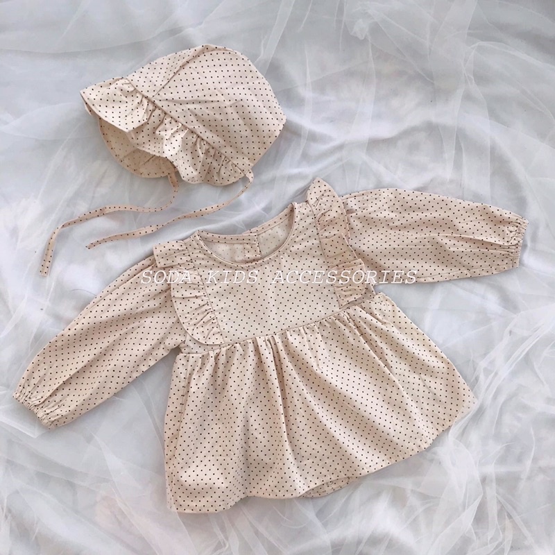 Váy liền chấm bi nhỏ kèm mũ (Ảnh thật)