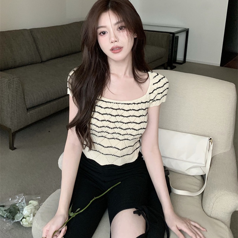 Áo Dệt Kim Ngắn Tay Cổ Vuông Họa Tiết Kẻ Sọc Thời Trang Cho Nữ