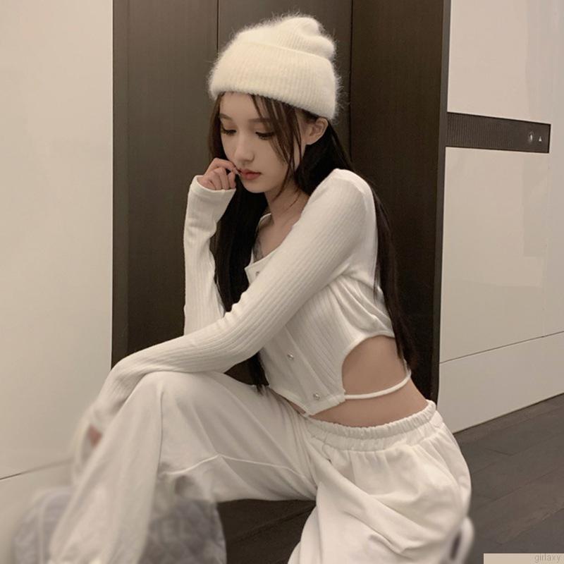 Áo crop top tay dài màu sắc trơn thiết kế gợi cảm cho nữ