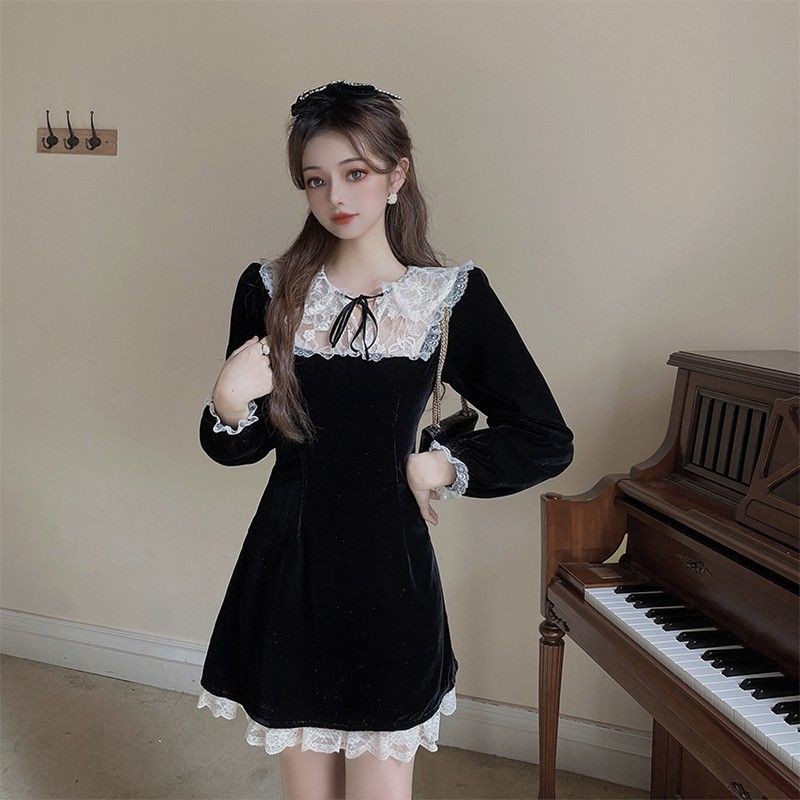 Váy đầm nhung dáng ôm cổ ren sexy - Có ảnh thật