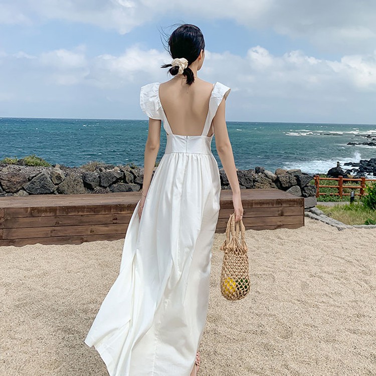 Sẵn Đầm maxi trắng hở lưng đi biển phong cách Hàn ẢNH FEELBACK CUỐI Quốc J0023