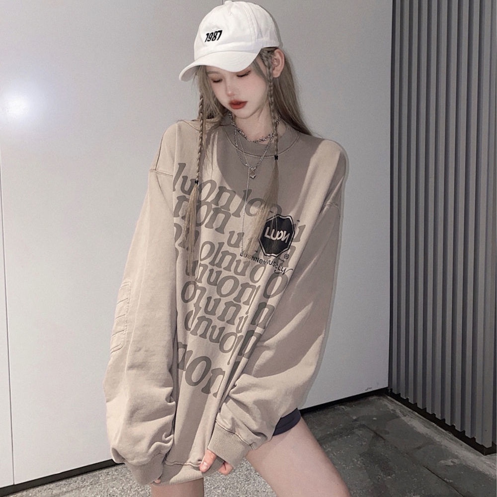 COZOK Áo sweater tay dài hoạ tiết chữ thiết kế trễ vai phong cách Vintage