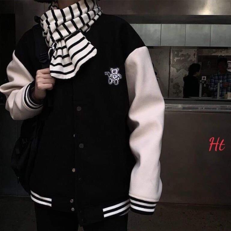 Áo bomber phối trắng tay gấu ngồi Ht