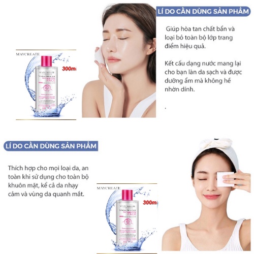 Nước tẩy trang không cồn cho da mụn da dầu May'Create Mỹ Phẩm Hana 300ml