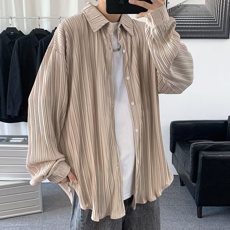 Áo Sơ Mi Dài Tay Dáng Rộng Hoa Văn Kẻ Sọc Trẻ Trung Thời Trang Hàn Quốc Dành Cho Nam