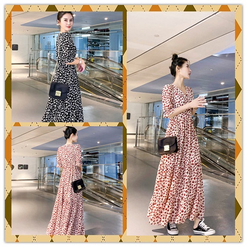 váy phong cách hàn quốc Đầm chiffon họa tiết chấm bi phong cách Hàn Quốc mới váy của phụ nữ váy dài tay Váy hoa váy dài