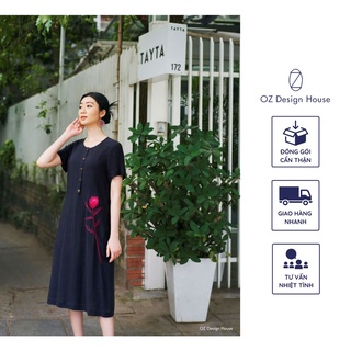Đầm nữ công sở OZ Design House DA12136XHE22 màu xanh tím than cổ tròn bổ trụ thêu hoa Hải Đường nữ tính