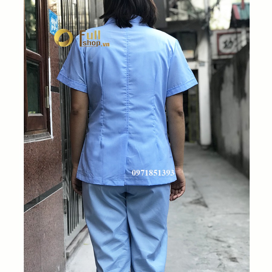 Áo công nghệ, áo đồng phục công nhân, tạp vụ, nhân viên bếp nữ cộc tay màu xanh dương