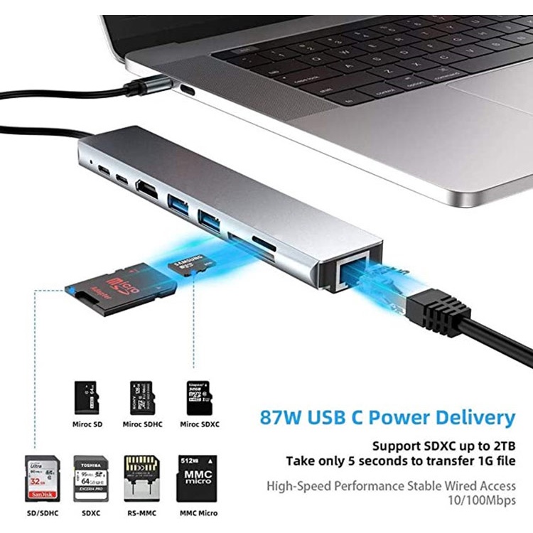 Hub Type C 8in1-Cổng chuyển đổi HUB USB Type-C to HDMI,USB 3.0,SD,TF,RJ45,PD Type-C cho Laptop laptop táo