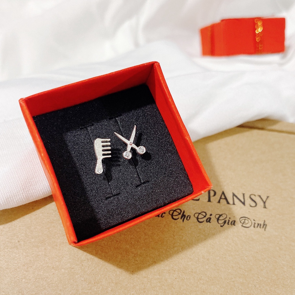 Khuyên tai bạc nữ PANSY hình kéo lược nhỏ xinh, bông tai nữ bạc đẹp cá tính