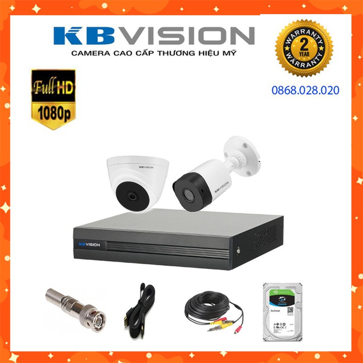 {Giá Sốc} Trọn Bộ 2 Mắt Camera 2.0M Full HD KBVISION +HDD 500G + 40 Mét Dây Liền Nguồn Bấm Sẵn Đầu