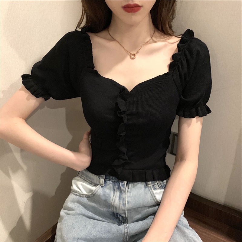 Áo Nữ Dệt Kim Mềm Mịn Mát Trễ Vai Tay Ngắn Quyến Rũ Cỗ Chữ V Viền Nhún Thời Trang - T21