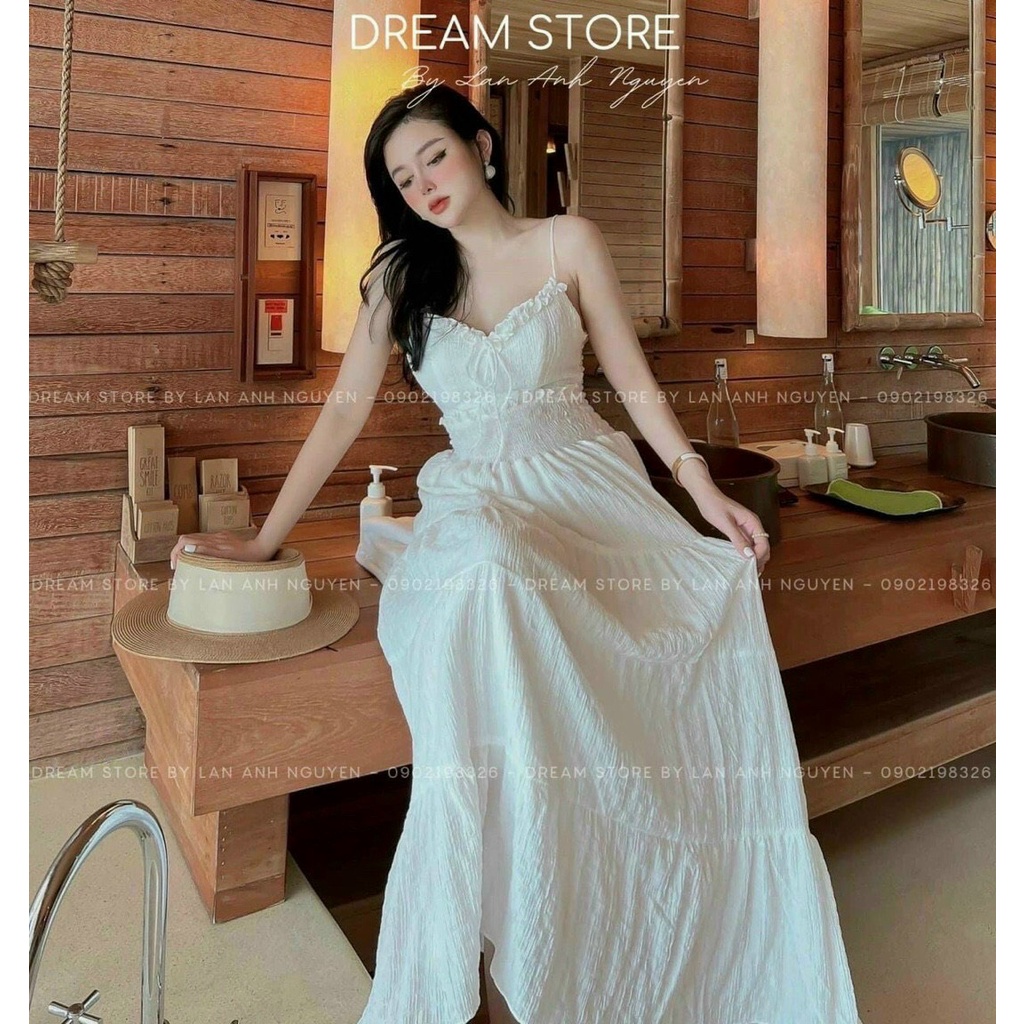Đầm nữ thời trang mặc đi biển, Đầm maxi Quảng Châu mocking xốp chỉ 2 dây có mút váy xoè xếp tầng đi biển xinh xắn