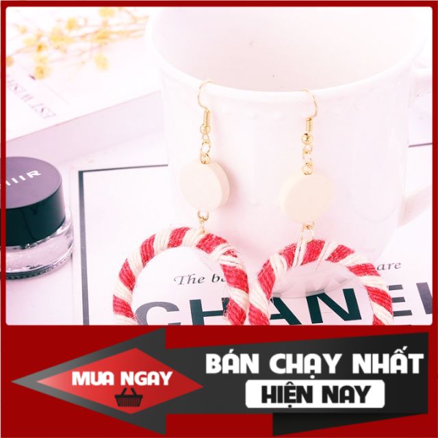 Bông tai thiết kế khoen tròn sợi chỉ vải sọc kiểu khuyên tai Hàn Quốc (đỏ kem) [Mây Collections - mùa hè rực rỡ]