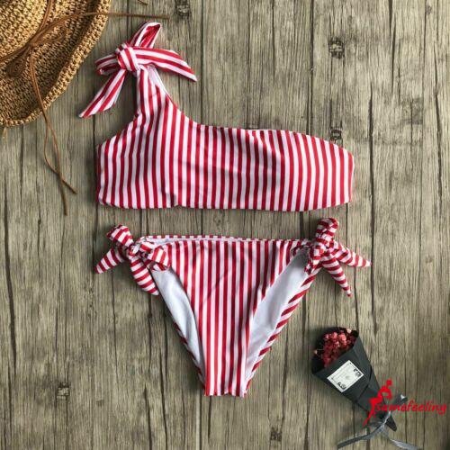 Bộ bikini lệch vai họa tiết kẻ sọc trẻ trung cho nữ | BigBuy360 - bigbuy360.vn