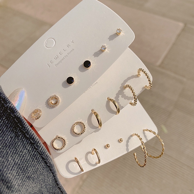 Khuyên Tai Bộ Set 6 Khuyên Tai Tròn Màu Vàng/Bạc Thời Trang Cho Nữ