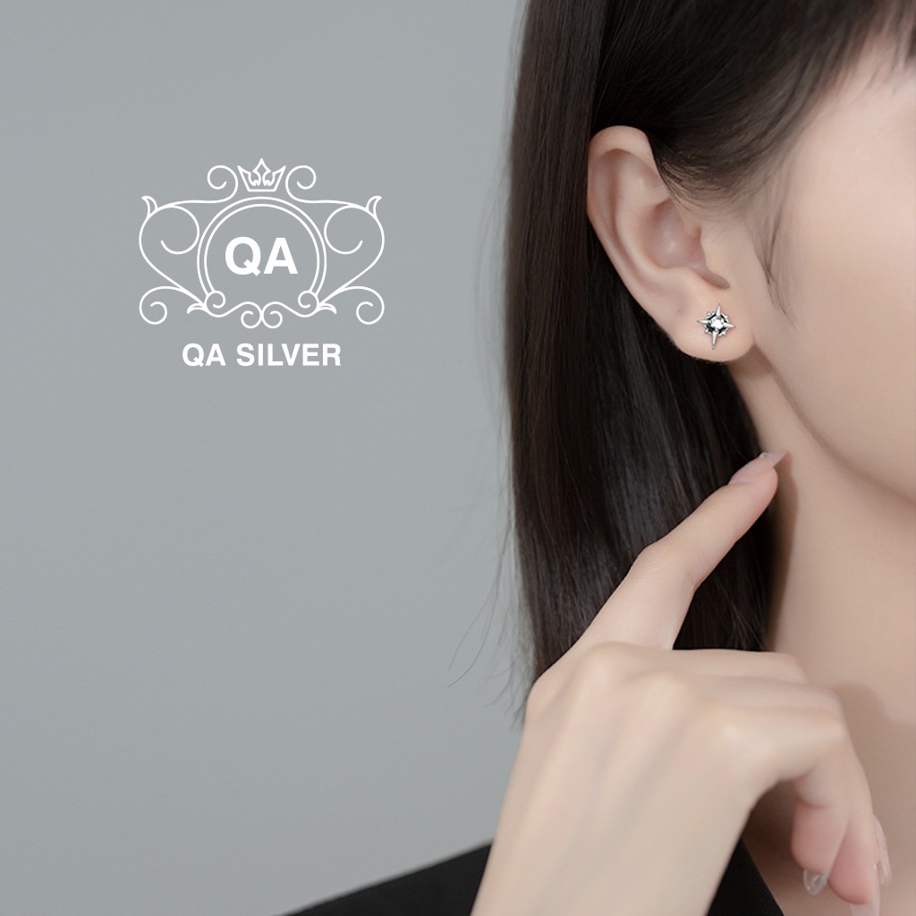 Khuyên tai bạc 925 nụ đính đá hồng tím bông nam nữ unisex S925 PINK QA SILVER Earrings EA231102