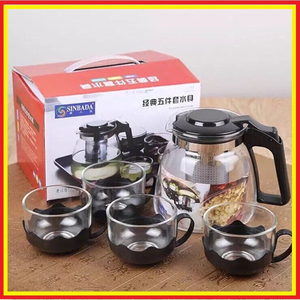 Ấm pha trà kèm 4 ly cốc tách có lọc trà tiện lợi thuỷ tinh | BigBuy360 - bigbuy360.vn