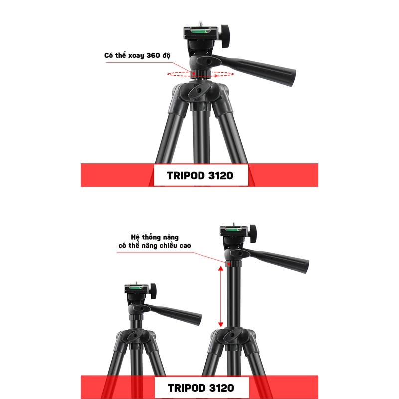 Giá đỡ điện thoại để bàn tripod 3120 ba chân có tay cầm tặng kèm đầu kẹp - ORIO