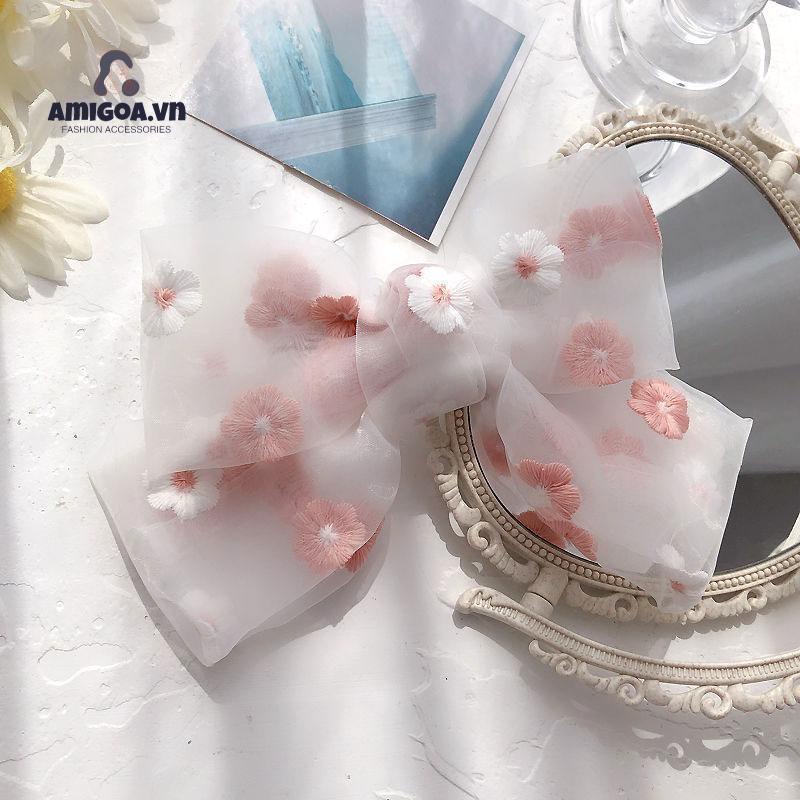 Dây Buộc Tóc Thắt Nơ Thêu Họa Tiết Hoa Cúc Xinh Xắn Thời Trang
