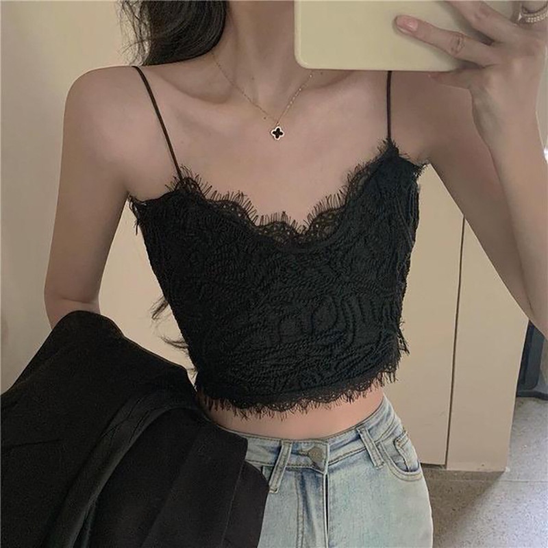 DUNEA Áo hai dây hở lưng phối ren phong cách retro quyến rũ cho nữ