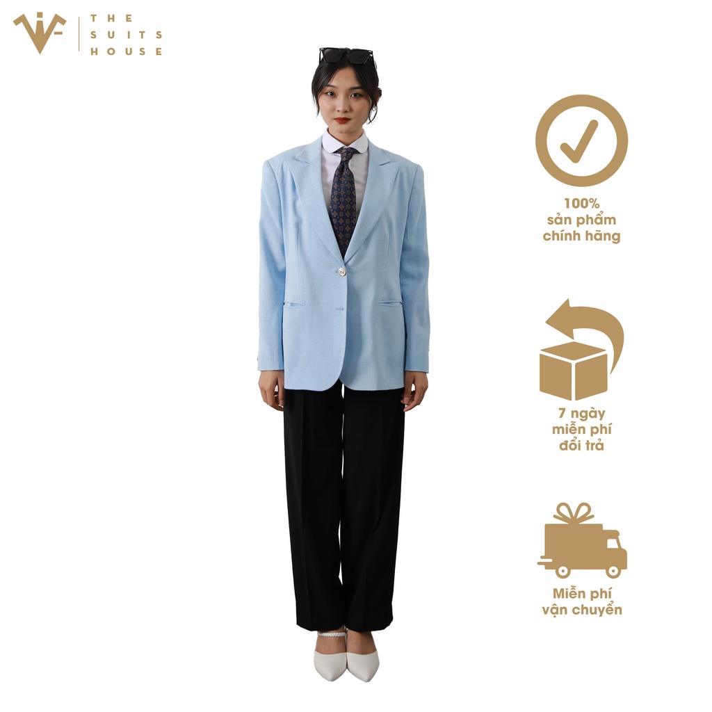 Bộ vest nữ xanh dương phối đen, 2 khuy 2 túi ống rộng, suits sartorial chất cashmere The Suits House