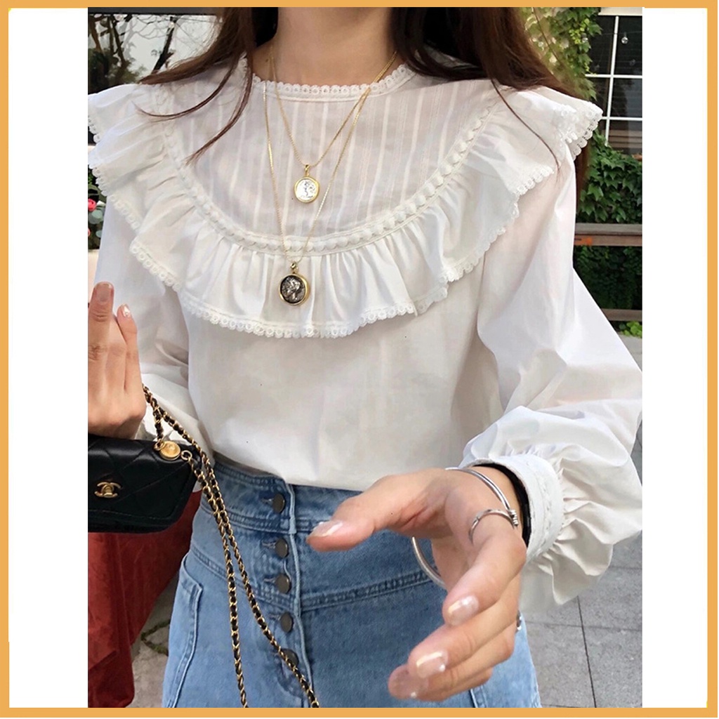 Áo sơ mi nữ dài tay form rộng CKA883, kiểu áo nữ cổ tròn ngực viền ren dáng babydoll trắng tiểu thư mặc đi làm đi học