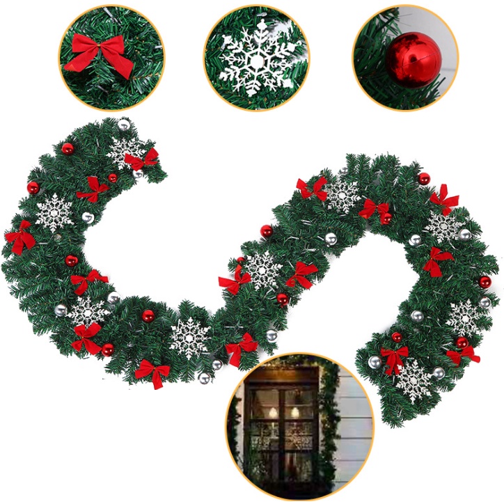 Dây Lá Thông KCS11 Hoa Tuyết Nơ Đỏ Trang Trí Noel Giáng Sinh