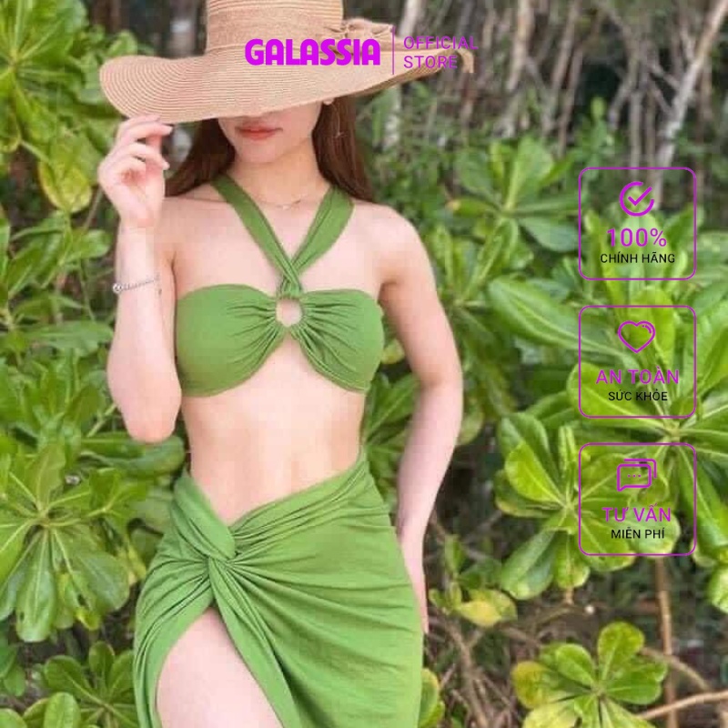 Set bikini đồ bơi sexy 3 mảnh Hồ Ngọc Hà áo khoen tròn váy xoắn eo sang chãnh cao câp đi du lịch GALASSIA