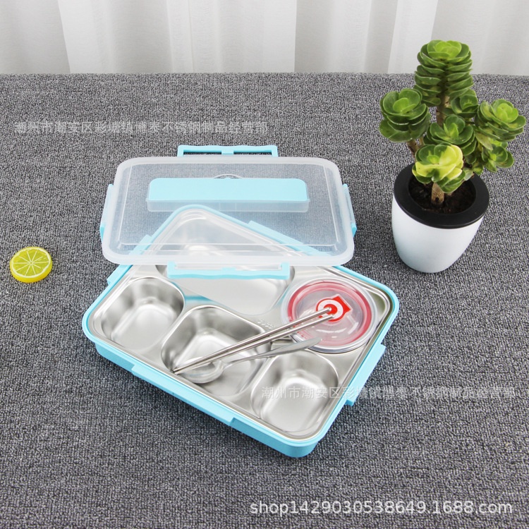 Khay cơm lõi INOX 5 NGĂN kèm đũa và thìa có nắp đậy tiện lợi