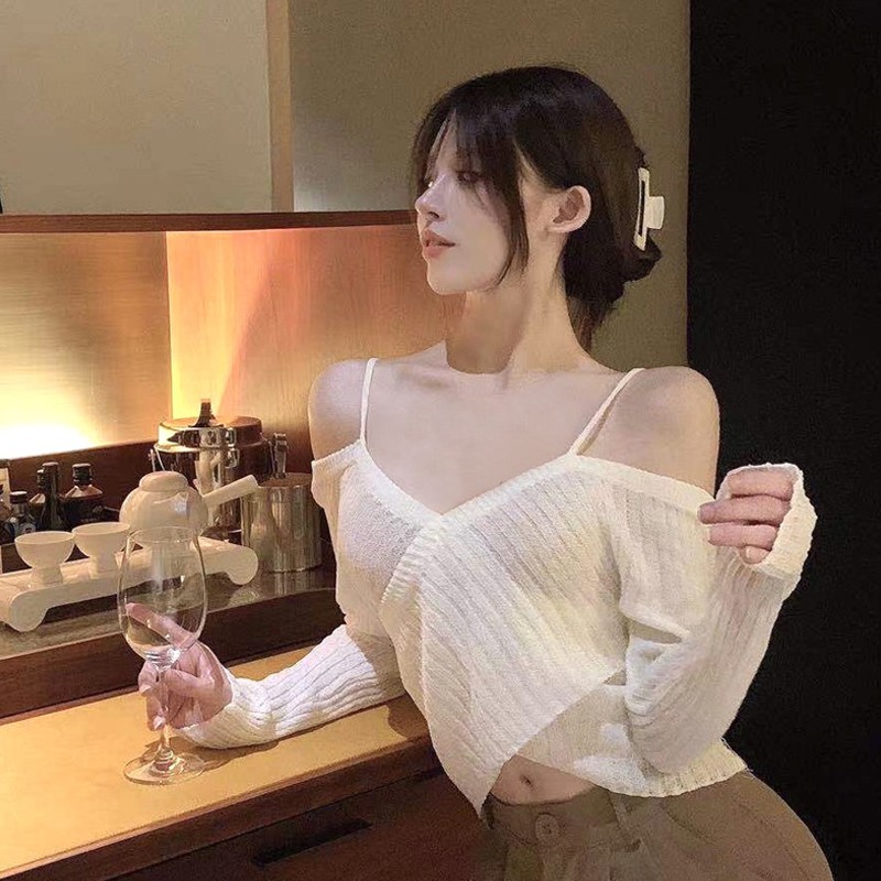 QADCOL Áo sweater hai dây tay dài cổ chữ V thiết kế độc đáo thời trang dành cho bạn nữ