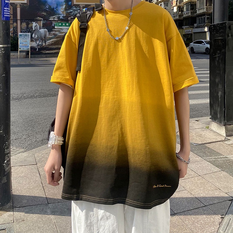 Áo Thun Ngắn Tay Cổ Tròn Dáng Rộng Phối Màu Gradient Đơn Giản Theo Phong Cách Mùa Hè Dành Cho Nam