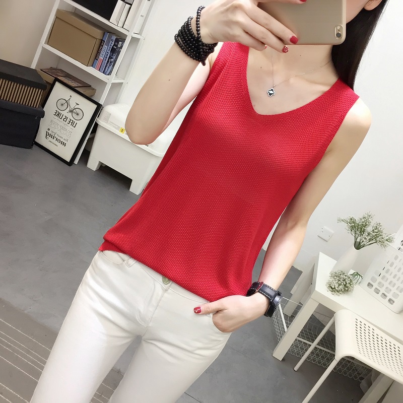 Áo dệt kim sát nách cổ chữ V dáng rộng màu trơn đơn giản trẻ trung cho bạn gái